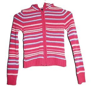 BASIC EDITIONS girls 7/8 full zip striped hooded chunky knit sweater jacket